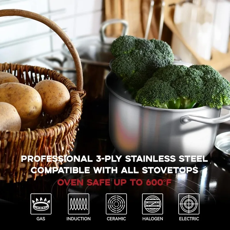 Tri-Ply Stainless Steel Stockpot com tampa de aço, 6 Quart, excelente distribuição de calor para deliciosas sopas, fogões e mais