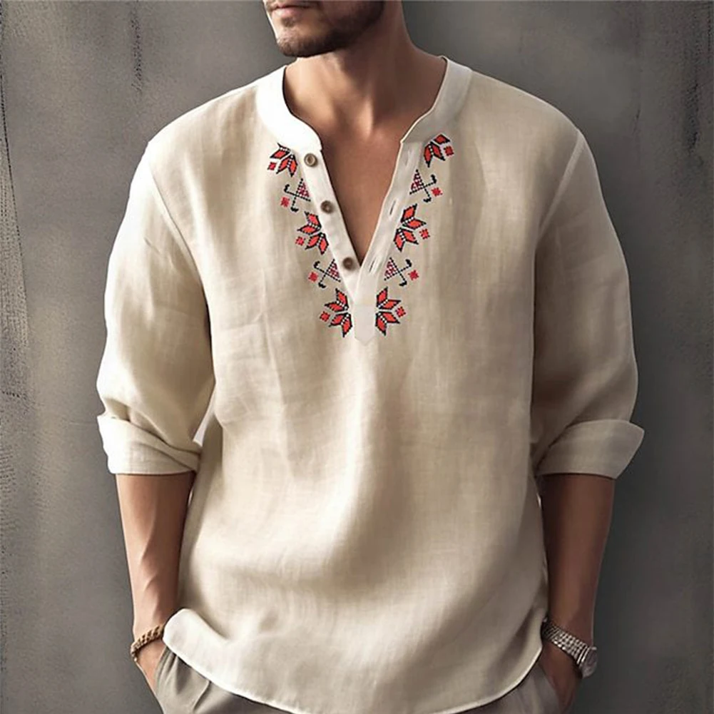 

Men Blouse Vintage Bohemian Printed Long Sleeve Casual Button-Down Shirt Blouse Loose Henley V-Neck Beach Tops Hawaiian T Shirts