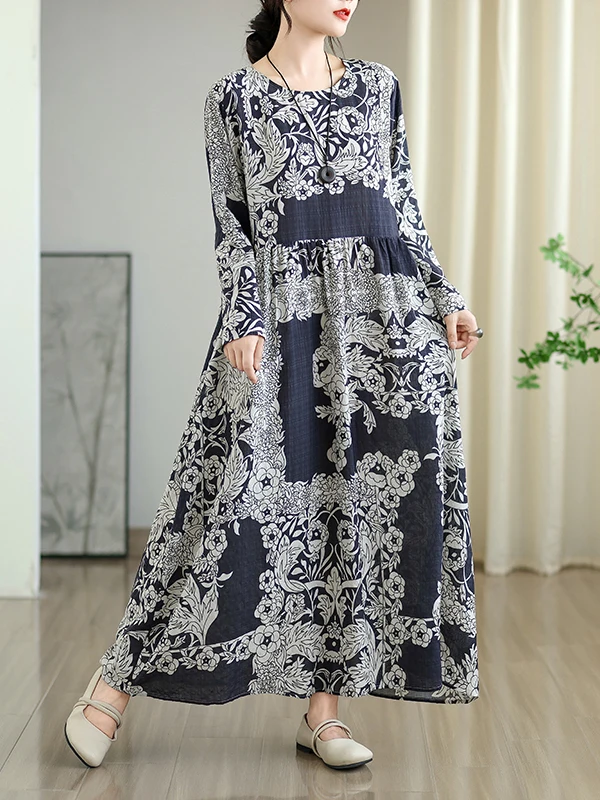 เสื้อผ้าผู้หญิงไซส์ใหญ่ ผ้าฝ้ายลินินพิมพ์ลายเรโทร ทรงเอ แขนยาว คอกลม สวมใส่สบาย เหมาะสำหรับฤดูใบไม้ผลิและฤดูใบไม้ร่วง