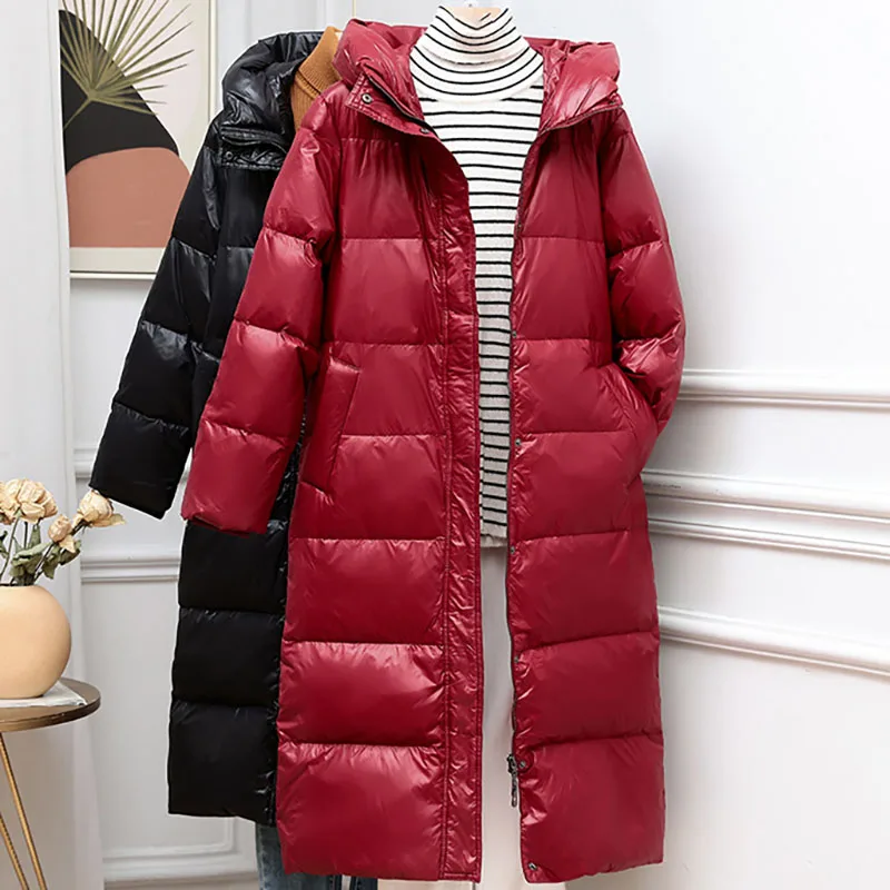 Abrigo largo con capucha y cara brillante para mujer, Parkas cálidas ajustadas coreanas, chaqueta de plumón de pato blanco informal, elegante y