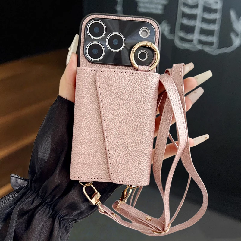 Crossbody-Geldbörsen-Handyhülle mit Make-up-Spiegel für iPhone 17 18 Pro Max 16 Pro 15 14 13 12, trendige Lederhülle mit Kartenfach und Lanyard – Detail 14