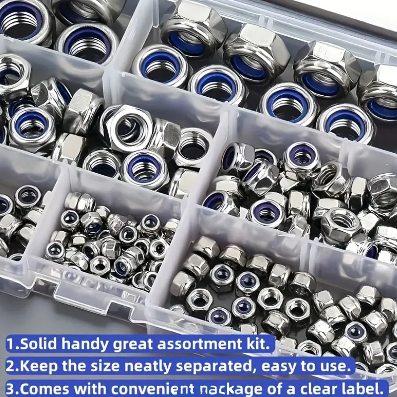 230pcs 304 Stainless Steel Metric Locking Nut Kit, Hex Locking Nylon Insert Nuts for M3 M4 M5 M6 M8, Durable Metal Fasteners, Se