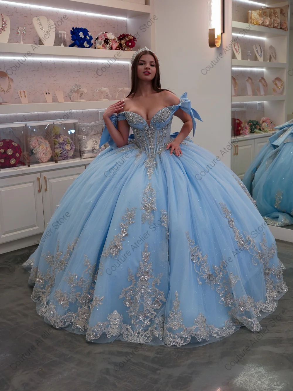 Himmelblaues schulterfreies Quinceanera-Kleid mit Applikationen, Ballkleid, Rüschen, Perlen, mexikanisches 2025, Geburtstags-Luxuskleid, individuell gestaltet