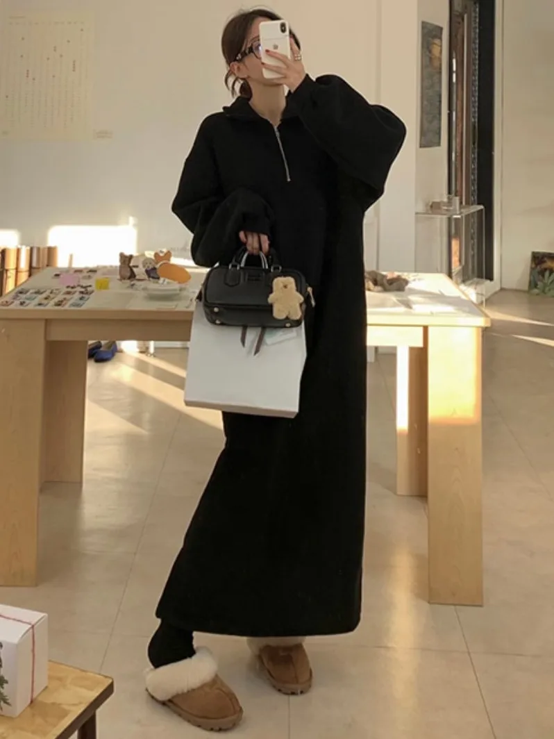 루즈핏 기모 스웨트셔츠 여성용 가을 겨울 루즈핏 롱 슬리브 캐주얼 출퇴근룩