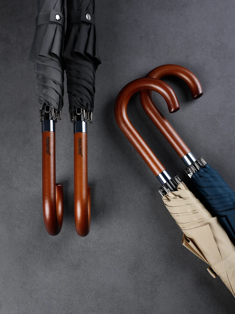 

Retro Briti Auatic Umbrella Wood Straight Pole Windproof Rain Umbrella Long Handle for Men And Women Durable