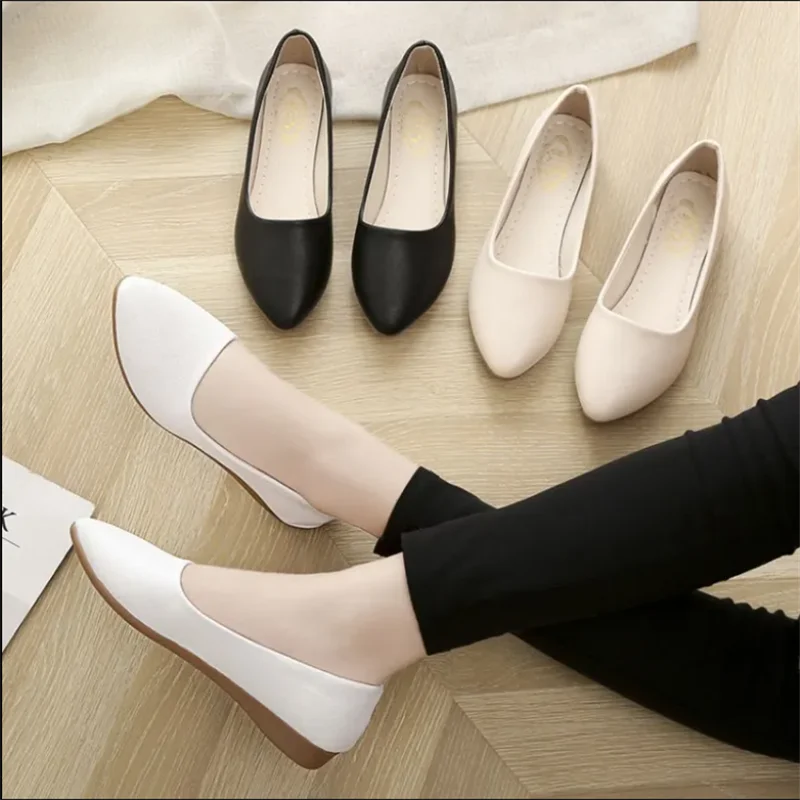 Women\'s Shoes Elegant Flat Shoes Professional Ladies Pointed Toe Fashion Pumps For Woman Office Black White Work Leather Shoes