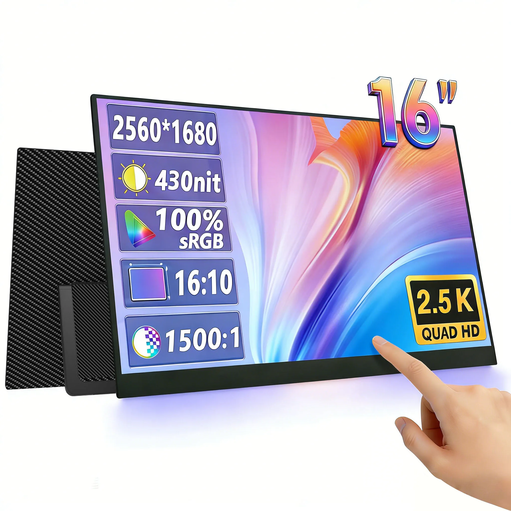 

16-дюймовый портативный монитор 2.5K 2560x1680P, внешний игровой дисплей с сенсорным экраном для телефона, Xbox, PS4/5, Switch, ноутбука