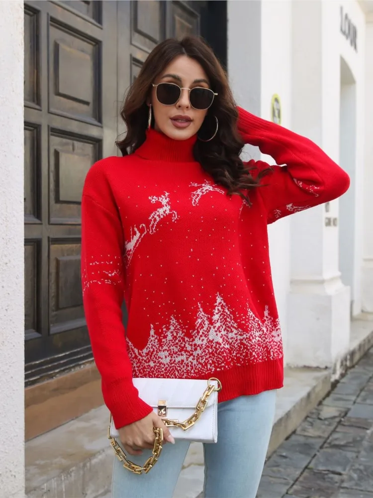 

Christmas Turtleneck Sweater For Women Cartoon Jacquard Loose Pullover Knitted Sweater Comfortable Pulls Femmes Commuting Casual