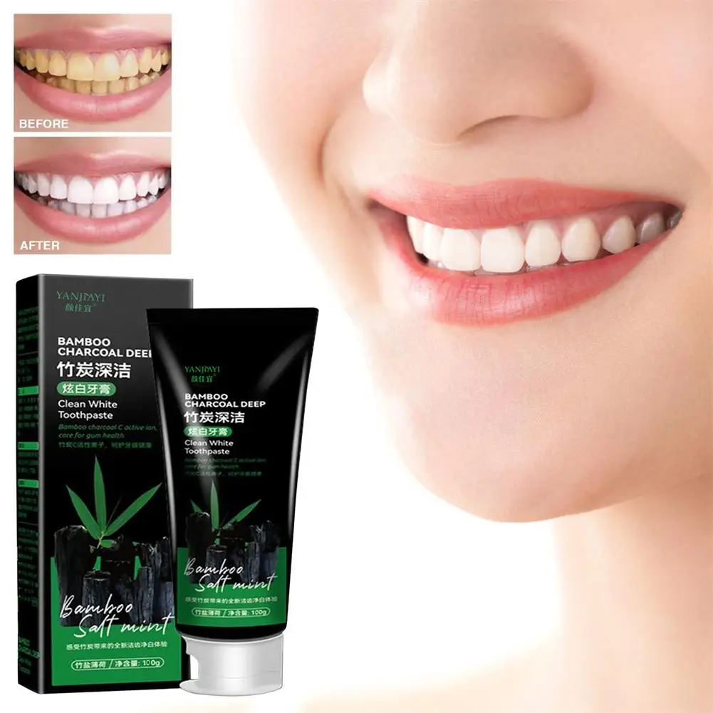 Creme dental preto de carvão vegetal de bambu Limpeza profunda, Sabor menta, Cuidados orais com os dentes, Saúde ruim, Branqueamento de manchas da respiração, E8Y6