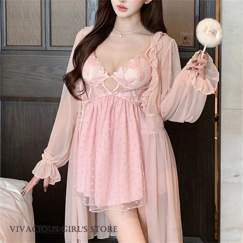 Sexy Female Twinset Robe Set Pajamas Summer Sleewpear Nightgown Perspective Lace Bathrobe Nightie Intimate Lingerie new Homewear