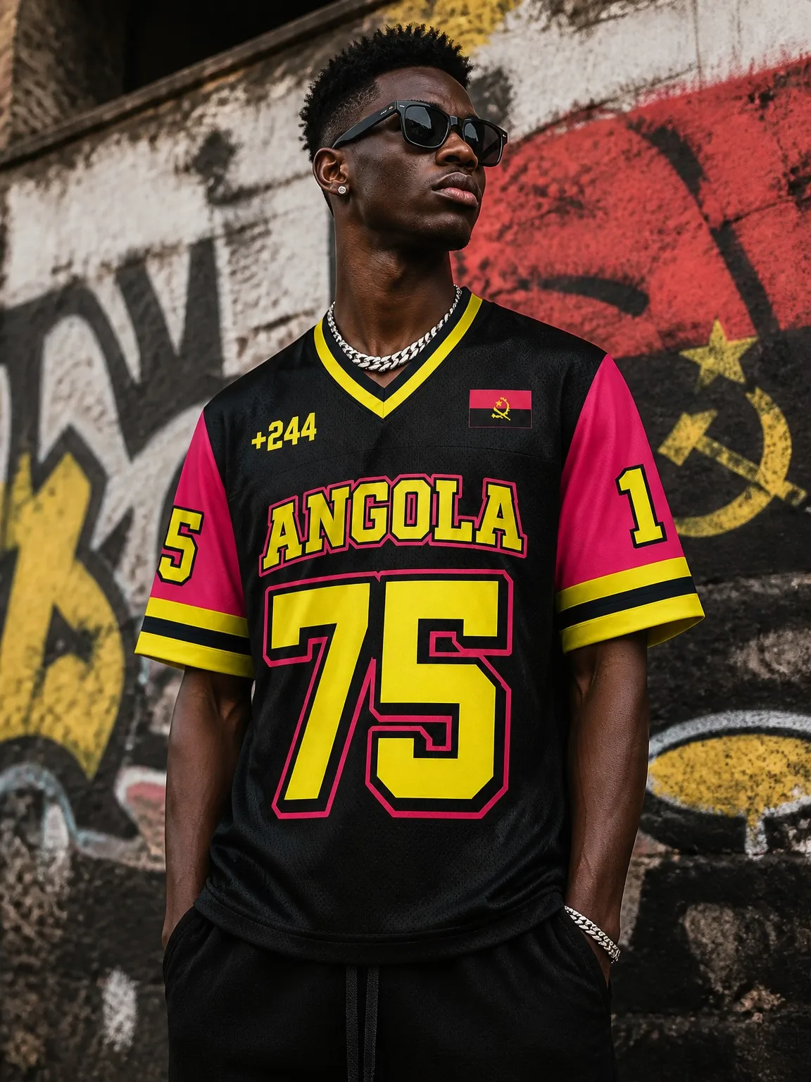 African Ethnic Style Angola V-neck Short-sleeved T-shirt Men's Soccer Style Number Print Street Style Jersey Fashion