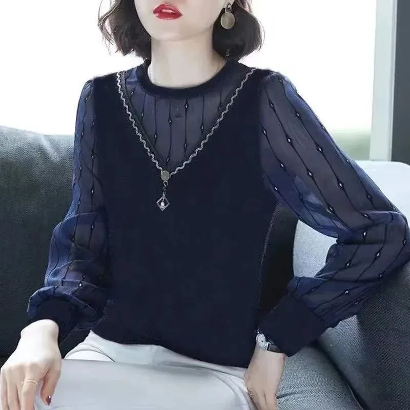 Pendant Detail Mesh Long Sleeve Top Women Autumn Loose Tummy Control Elegant Blouse L-6XL