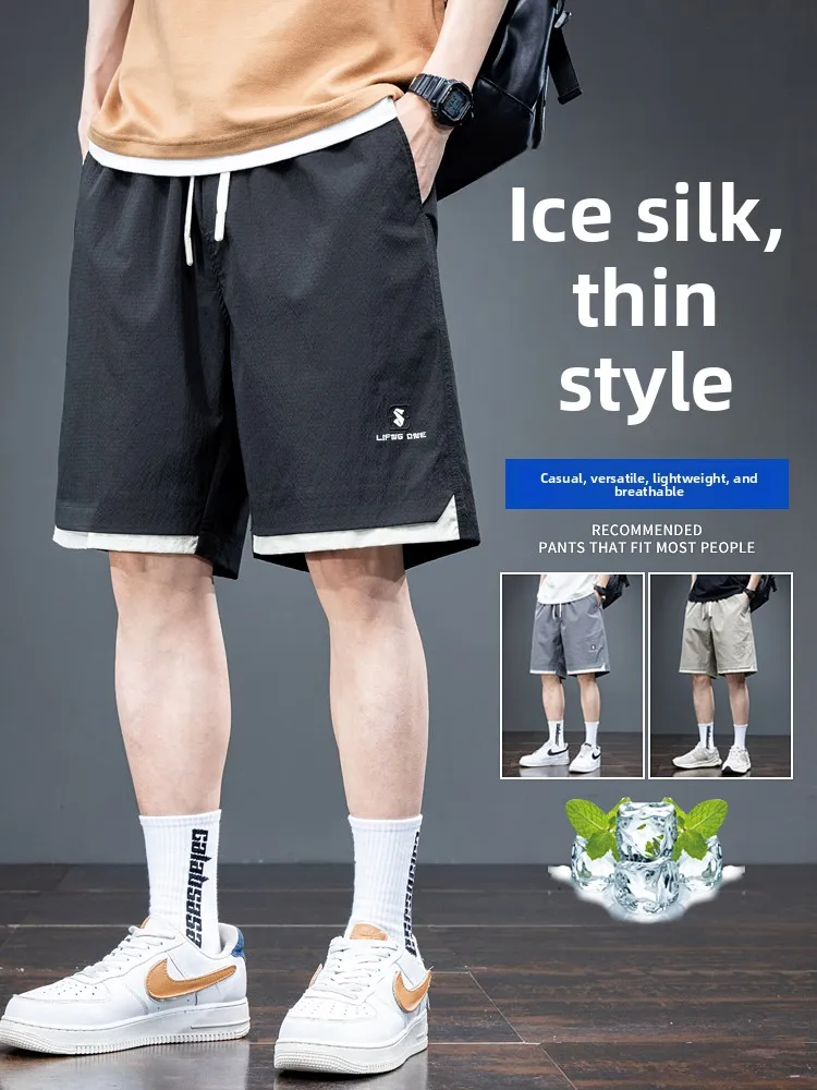 

Summer Casual Ice Silk ort Pants Men's Running Sports Qui Dry Thin Outer Breathable Four Ice Silk Five Parts Pants