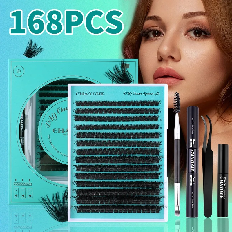 

168 Clusters DIY Individual False Eyelashes Extension Kit Winged Fox Eye Fake Eye Lash Thick Natural Lashes with Tweezers Remove