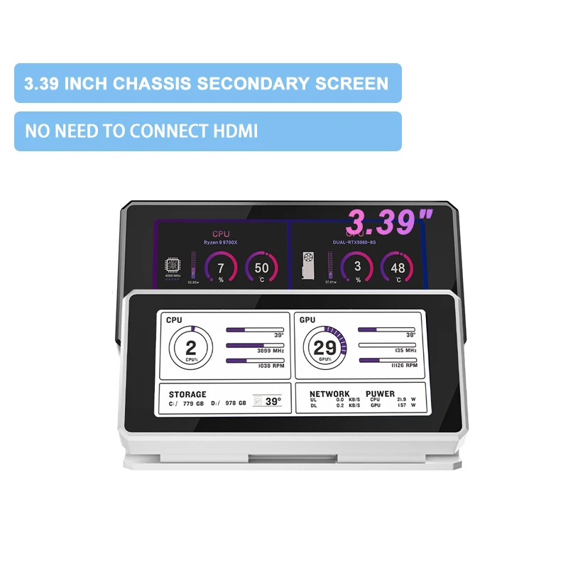 

3.39 Inch IPS Computer Monitor For Chassis Temperature Fan Speed Monitoring LCD Screen CPU GPU RAM USB Display USB Freely AIDA64