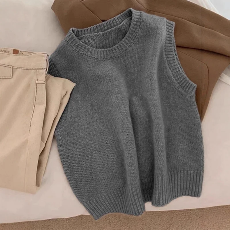 

Серый осенний новый пуловер, вязаный свитер, жилет, женская зимняя верхняя одежда, рубашка, многослойный короткий жилет без рукавов в корейском стиле