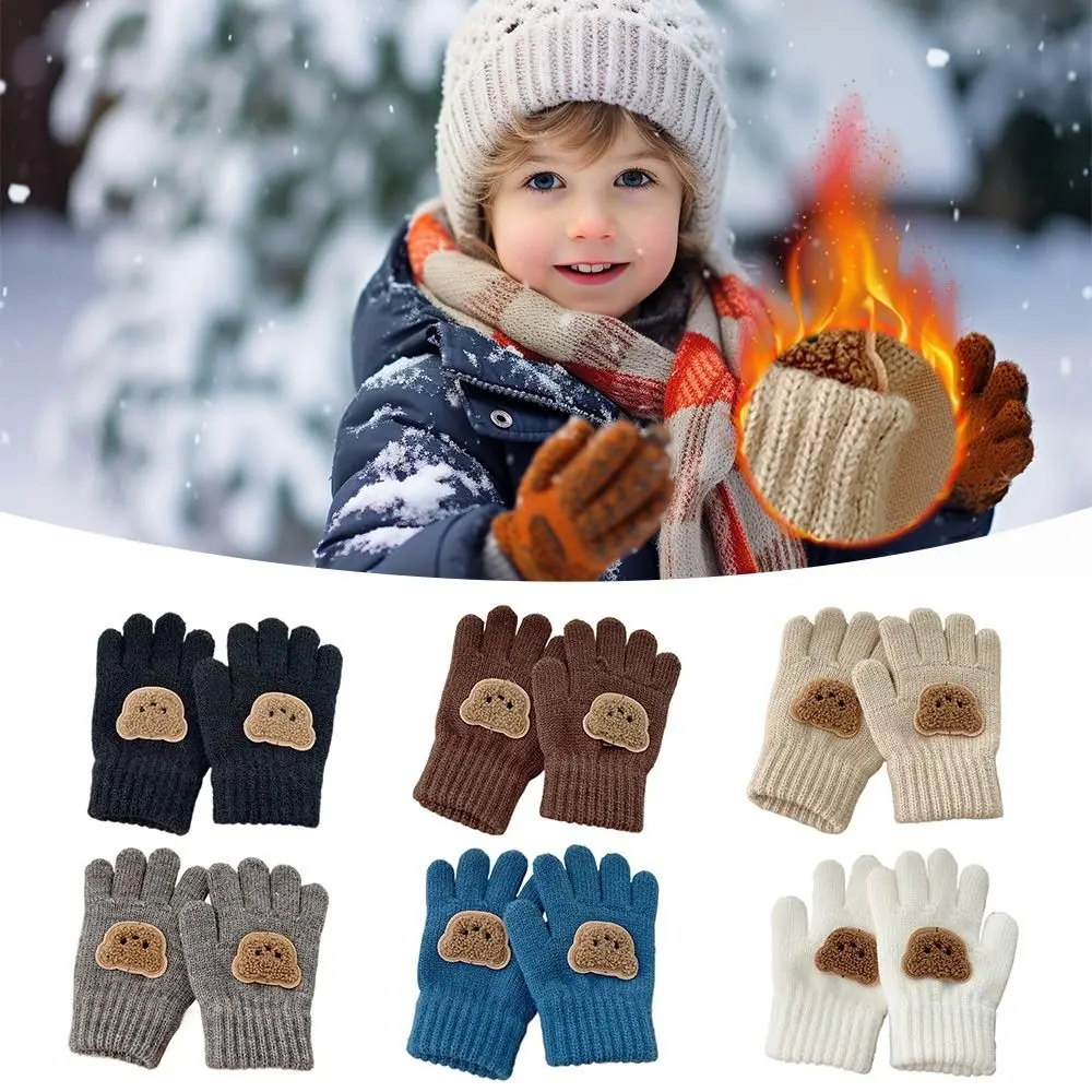 Cold Proof Autumn Winter Gloves Thickened Bear Full Finger Gloves Knitted Gloves Windproof Cartoon Bear Boys Girls Warm Mittens