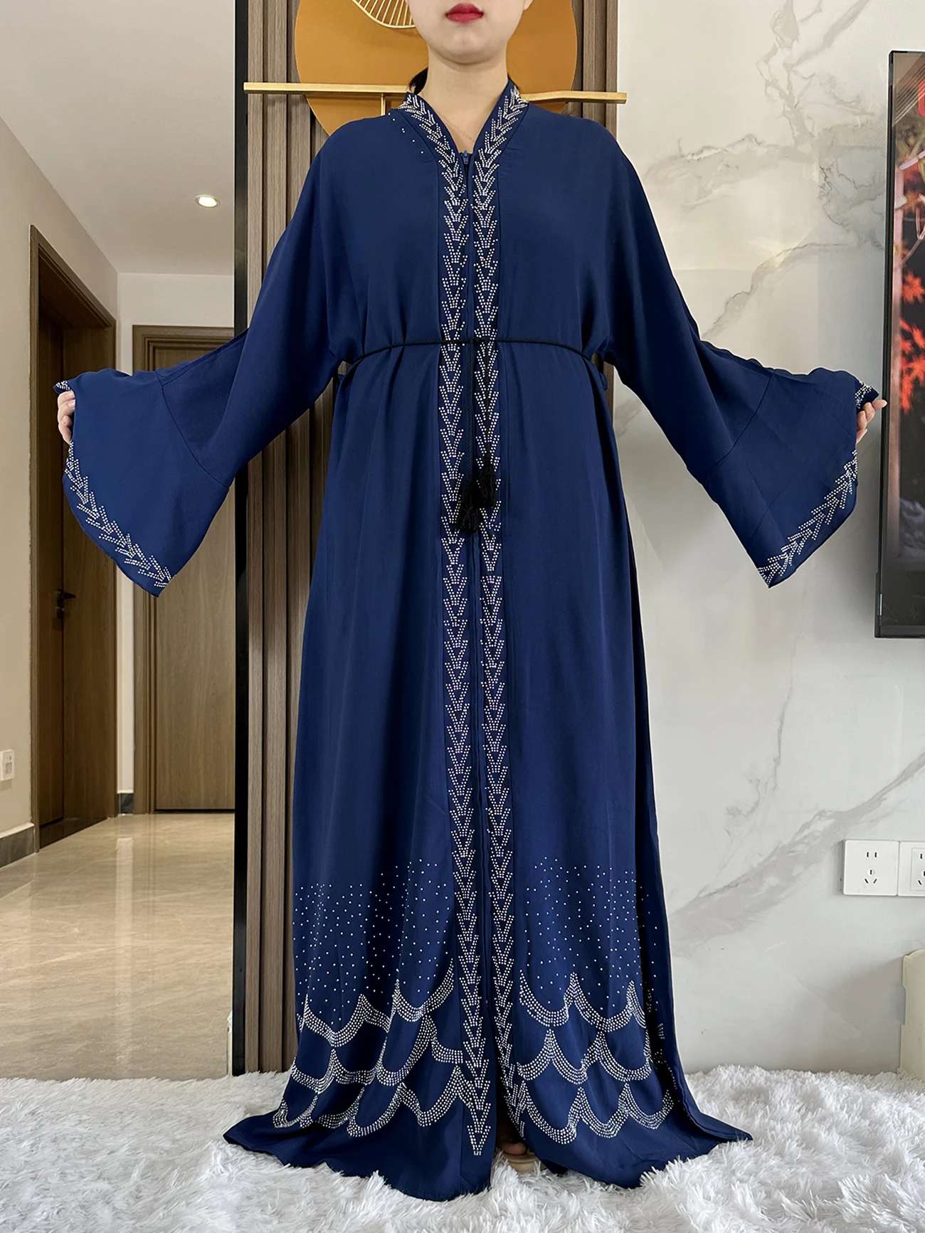 2024 Women Elegant Dress Dubai Party Outfits Long Sleeve Chiffon Rhinestones  Muslim Women Robe Open African Abaya Clothing