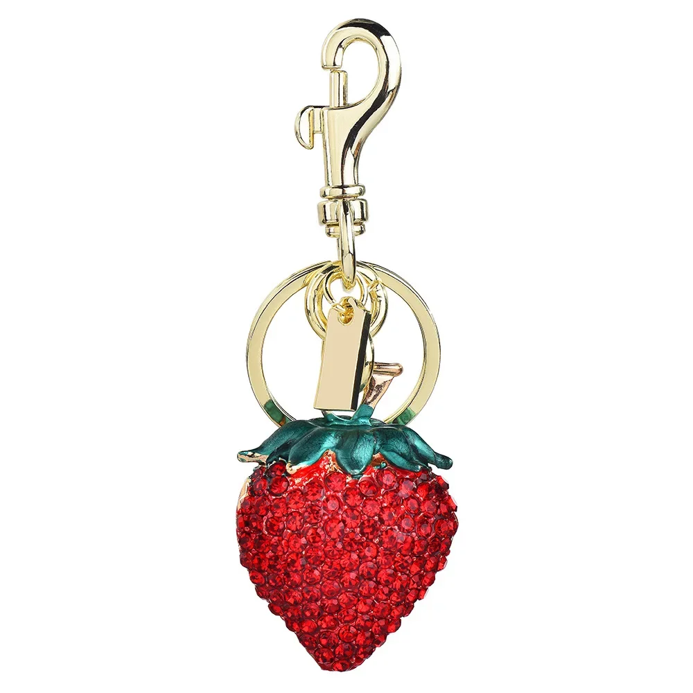 Diamond-encrusted strawberry pendant, metal keychain, three-dimensional fruit bag key chain