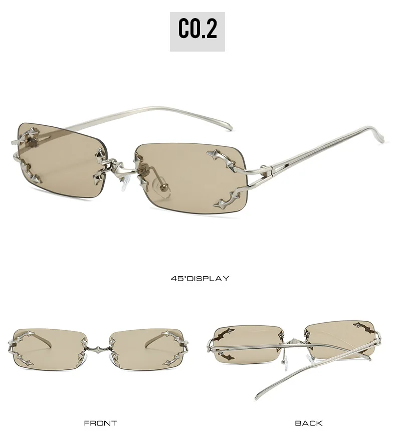 Neue Randlose Sonnenbrille für Damen Rechteckig Stylisch Y2K Persönlichkeit Markendesigner UV400 Schutz Coole Metall-Sternenexplosion-Dekoration – Detail 7