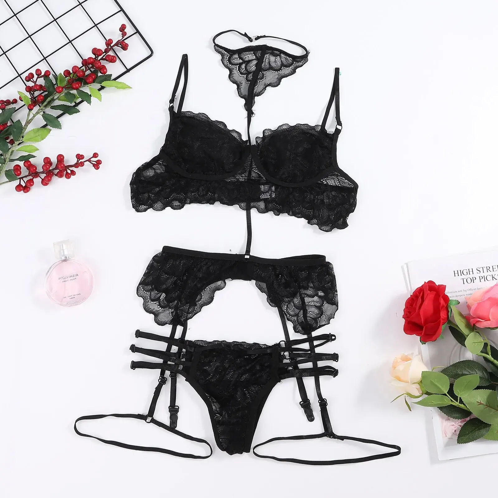 Women Sexy Lingerie Sets Lace Bra Hot Panties Garters Set Erotic Underwear Outfits See Through Bikini Bdsm Suspenders For Woman