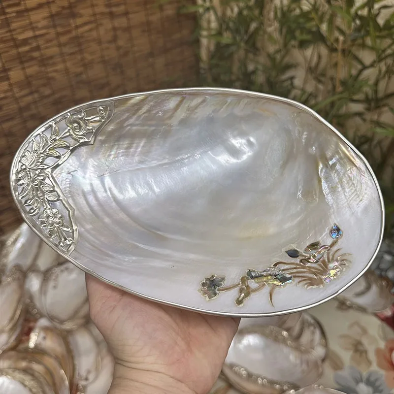 Natural Shell Platter, Footed Condiment Dish for Dining Table, Velvet Jewelry Organizer Tray,Decorative Handicraft Display Piece