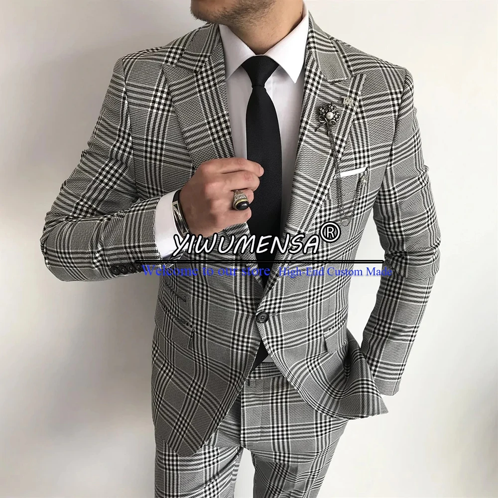 

Grey Plaid Suits Men Slim Fit Single Breasted Coat Pant Design Last Grooms Business Formal Party Blazer Custom Made Tuxedos 2022