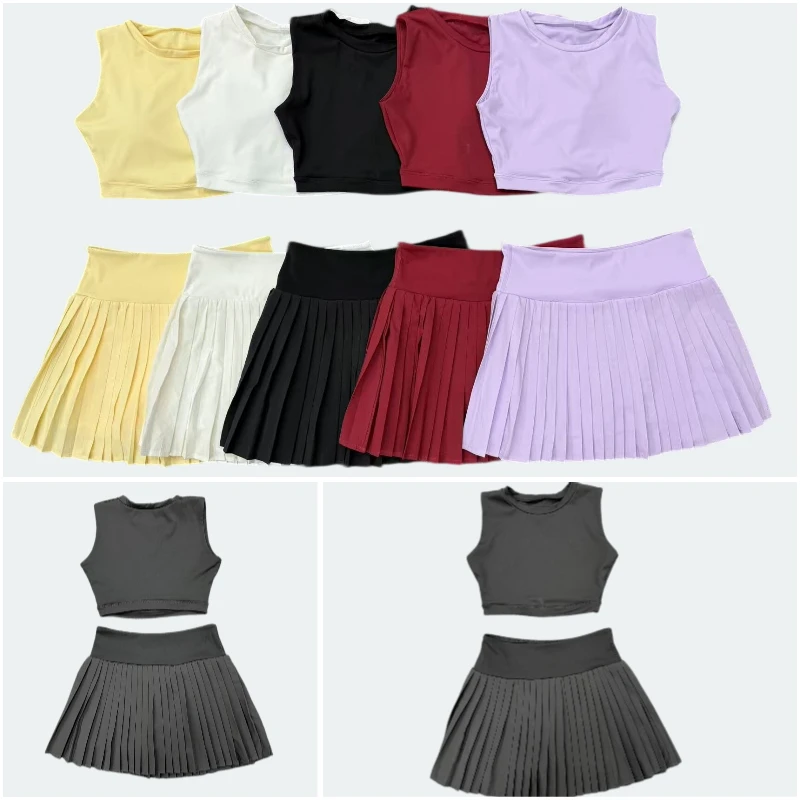 VITALINOVO Tennisrock-Sets für Damen, Rundhals-Camisole-Oberteil, passend dazu hochtaillierter, plissierter Sportrock für Damen, ideal für Tennis, Golf und Workouts – Detail 1