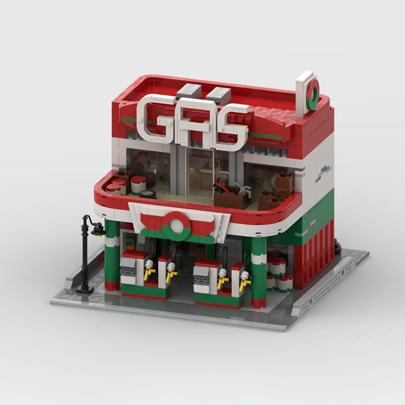 Modello di blocchi di costruzione personalizzati per stazione di servizio modulare da 1617 pezzi, kit di montaggio in stile città moderna