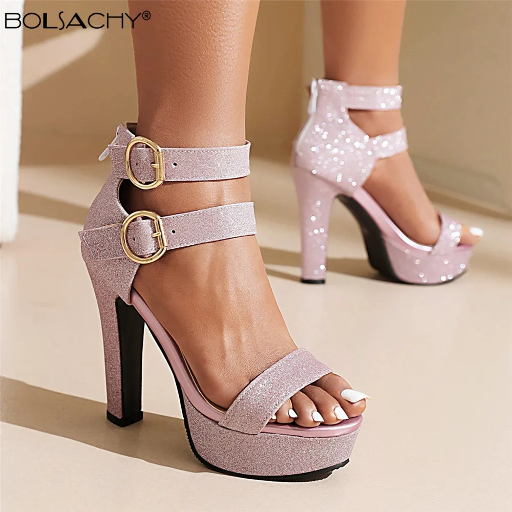 

Shoes Women Purple Gold Platform Sandals 2023 Thick Sole Pumps High Heels Ladies Ankle Strap Buckle Summer Sequin Cloth Sandalia