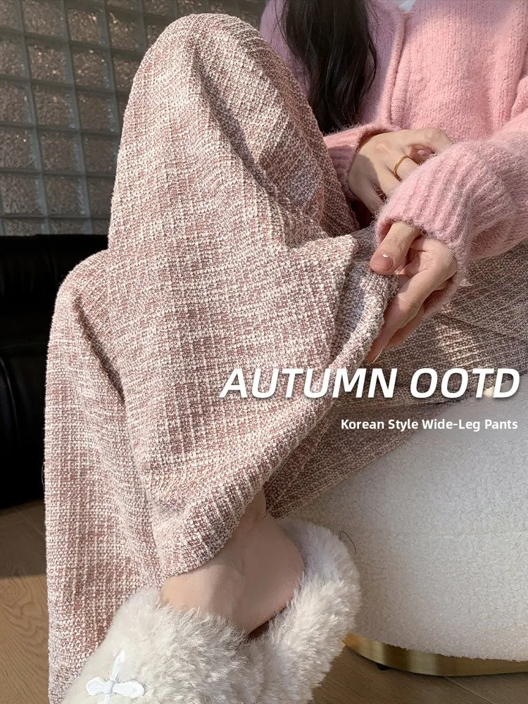 

Розовые широкие брюки женские повседневные весна-осень 2025: новинка в корейском стиле, с высокой талией, прямого кроя, свободные, удобные