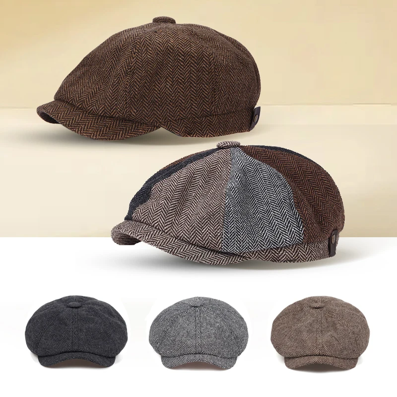 Newsboy Cap Flat Top Herringbone Tweed Wool Baker Boy Peaky Blinders Berets Flat Peaked Cap Adjustable Taxi Driver Hat