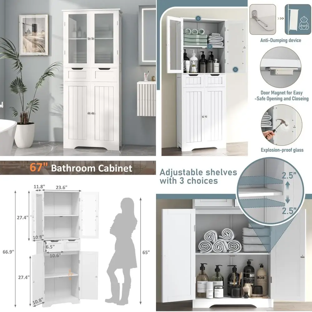 67-inch tall freestanding bathroom linen cabinet with glass doors and shelves