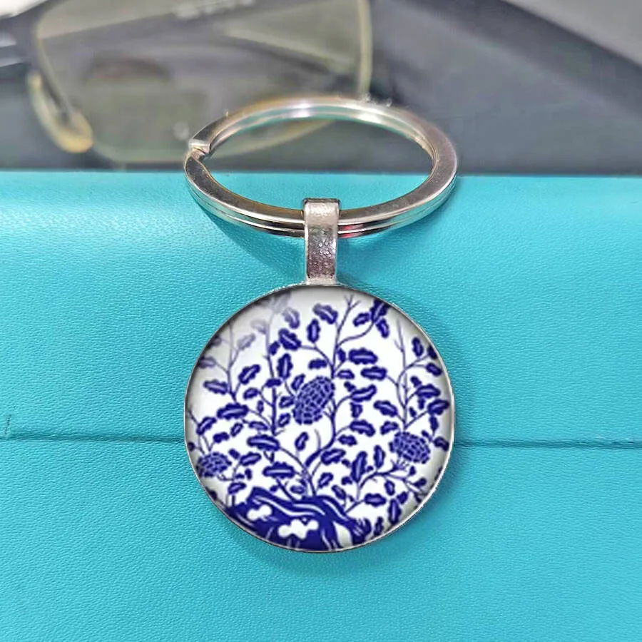 Vintage Chinese Ink Blue Peony Lotus Magpie Image Cabochons Keychain , Oriental Culture Gift Keychain Pendant