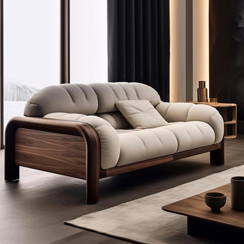 #Maxky ISO9001 Certified New Modern High-End Walnut Fabric Semicircle Sectional Sofa Solid Wood Three/Four Seats Living Room