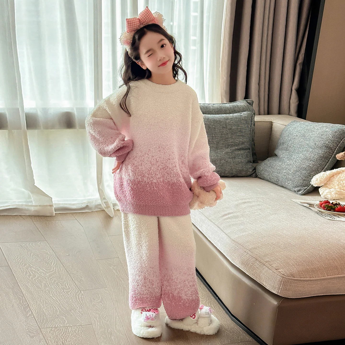 

Autumn Winter Sleepwear Half flannel Pajamas For Girls Long Sleeve Tops+Pants Suits Fashion Home Clothing Baby Kid Sleep Costume