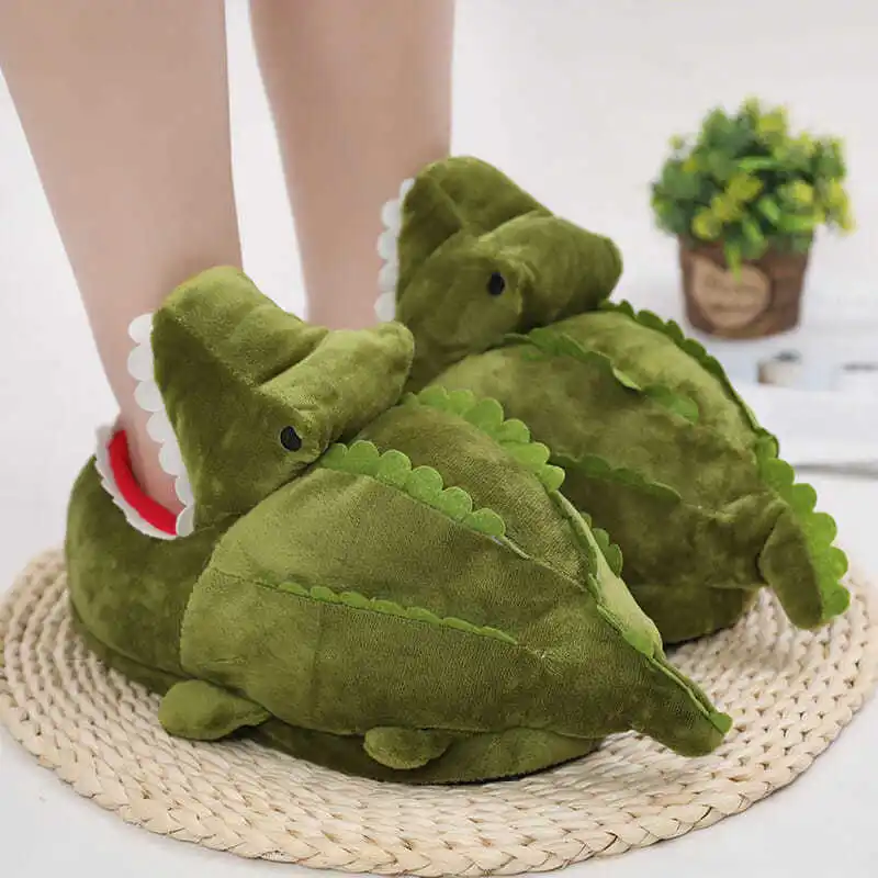 

Chunky Fuzzy Crocodile Home Cotton Shoes for Women Slip On Cartoon Anime Plush Slippers Plus Size 35-43 Womens Green Loafers
