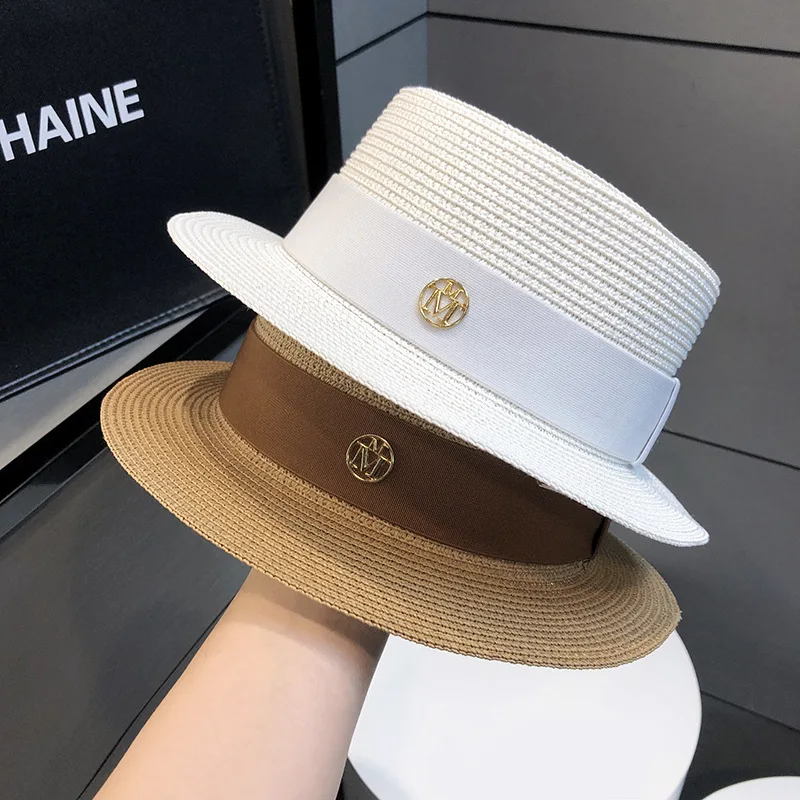 Women French Flat Top Straw Hat Elegant Ladies Sun Hat Beach Vacation Anti-UV Shading Summer Fashion Headwear