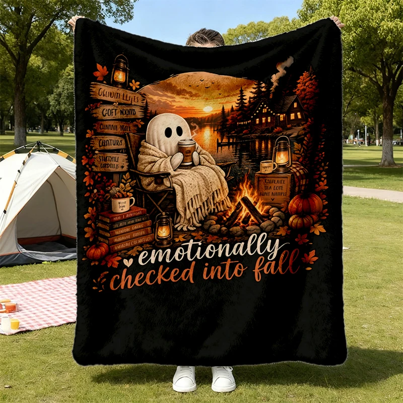 Summerween Ghost Flannel Blanket, Mentally I Am Here Flannel Throw, Trendy Halloween Lover Cozy Blanket, Funny Fall Warm