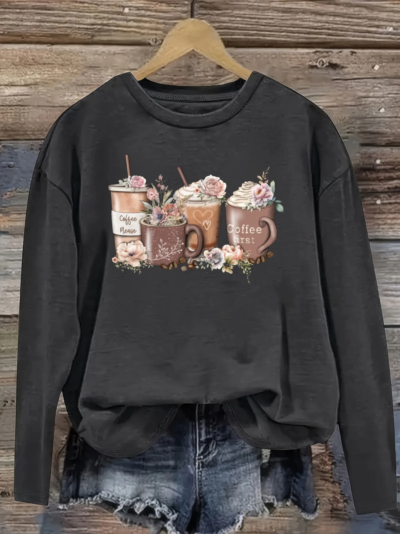Women's Casual Long Sleeve Crew Neck T-Shirt Coffee Cups Floral Design Print Design, Round Neck Women's Clothing, Machine Washable, Slightly Elastic, Loose Fit, Spring Autumn Winter Women's T-Shirt, Halloween Costume Outfit