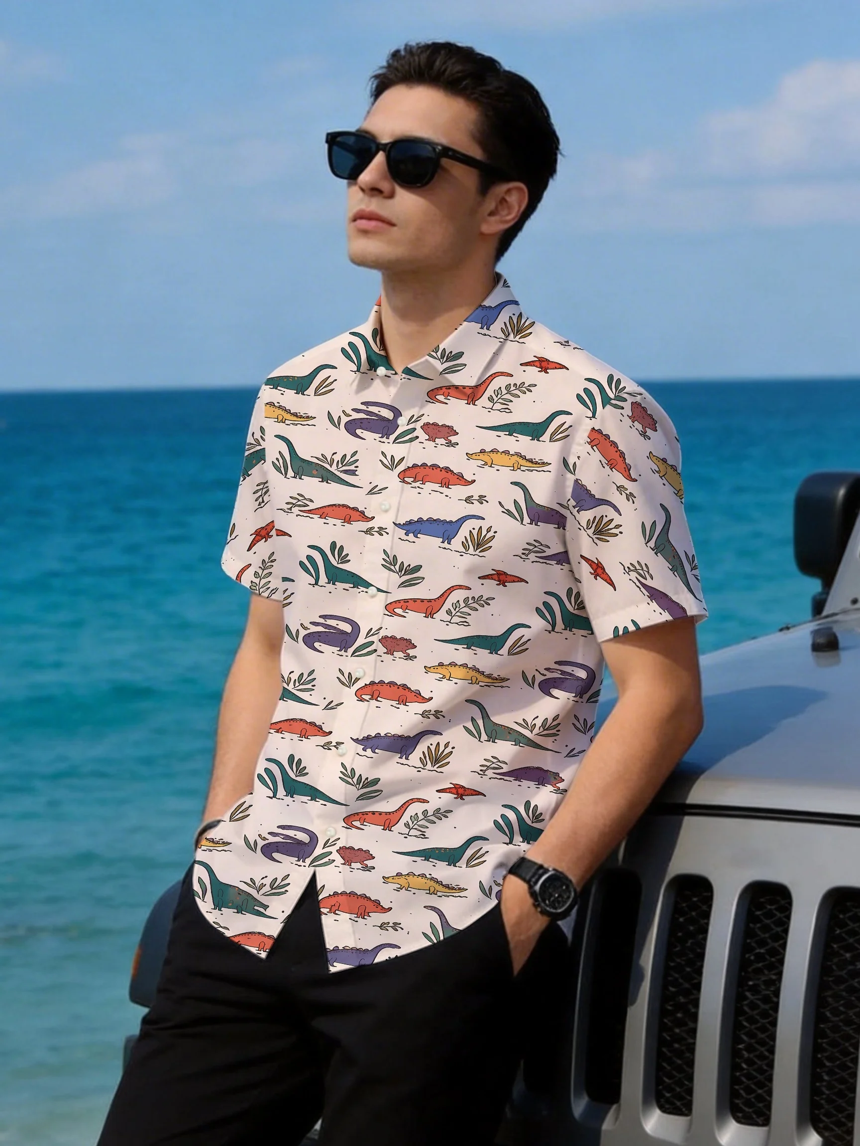 Vintage Colorful Dinosaur Jungle Foliage Pattern Unisex Short Sleeve Blouse Camp Collar Loose Vacation Shirt