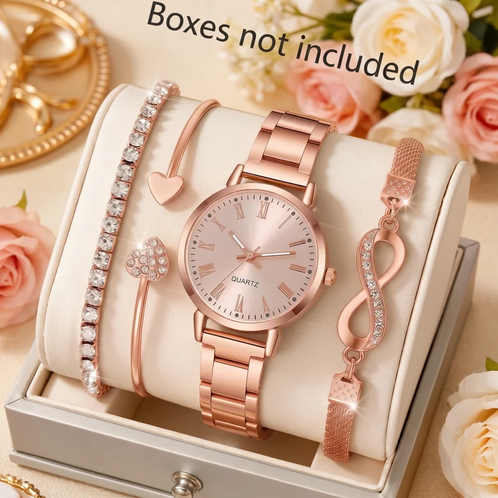 4Pcs/Set Unisex Jewelry Watches Women's Wristwatch Accessories Rose Gold Trendy Fashionable Elegant Classic Exquisite Light Luxury Simple Luxurious Quartz Watch Set Y2K Suitable for Travel, Parties, Daily Outfits, Perfect Birthday and Holiday Gifts