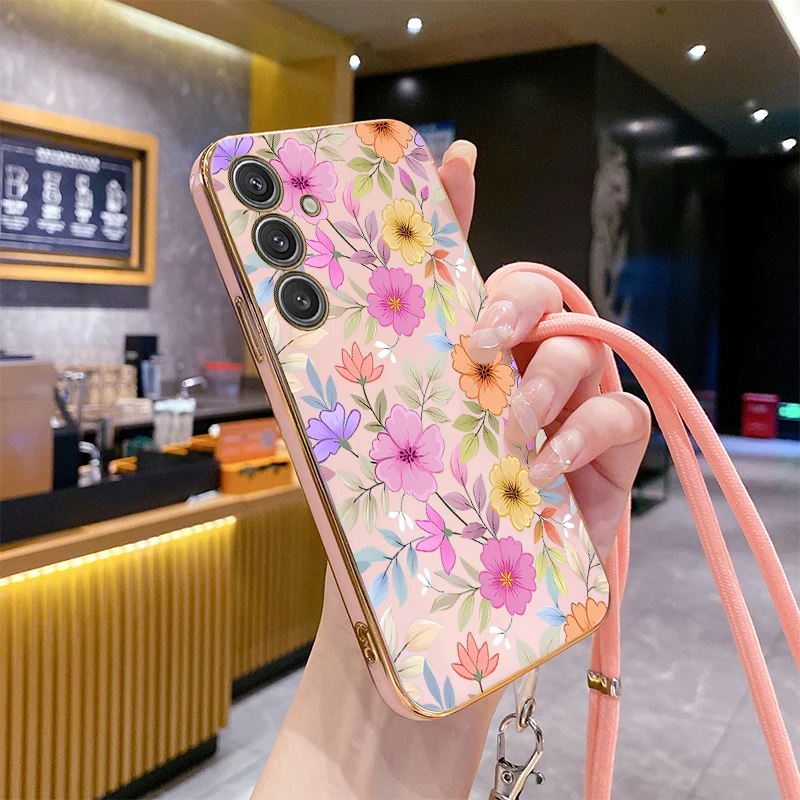 A55 Spring Flower Luxury Plating Phone Case For Samsung A55 A53 A52 A51 A71 A50S A25 A33 A73 A91 A54 A52S A50 A34 A42 A35 Cover