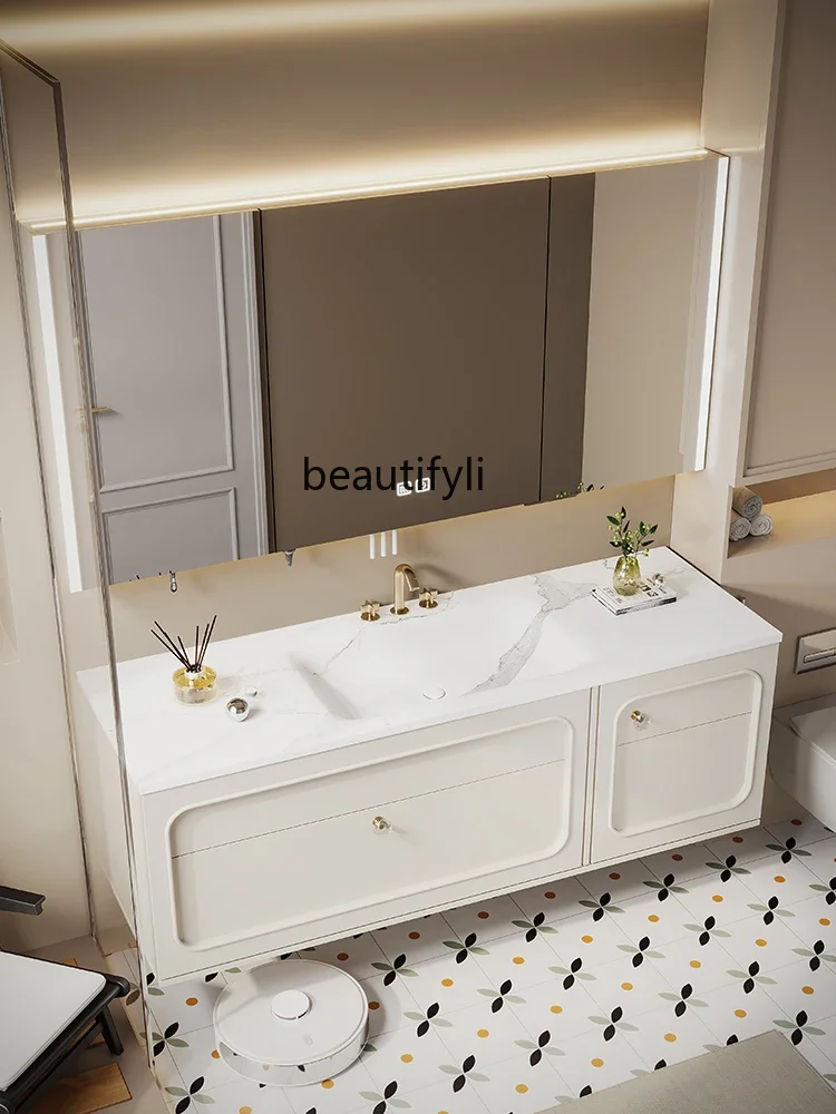 French cream wind rock slab hot bending integrated basin bathroom cabinet combination toilet washbasin cabinet