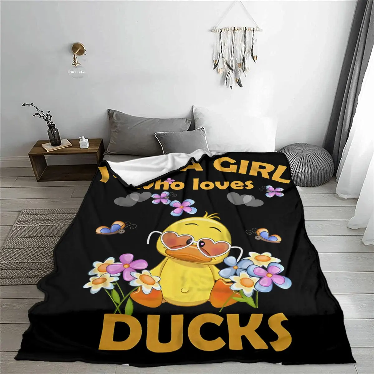 

Just a Girl Who Loves Ducks" - Ultra-Soft Flannel Fleece Throw Blanket with Playful Cartoon Duck Design, Flowers & Butterflies