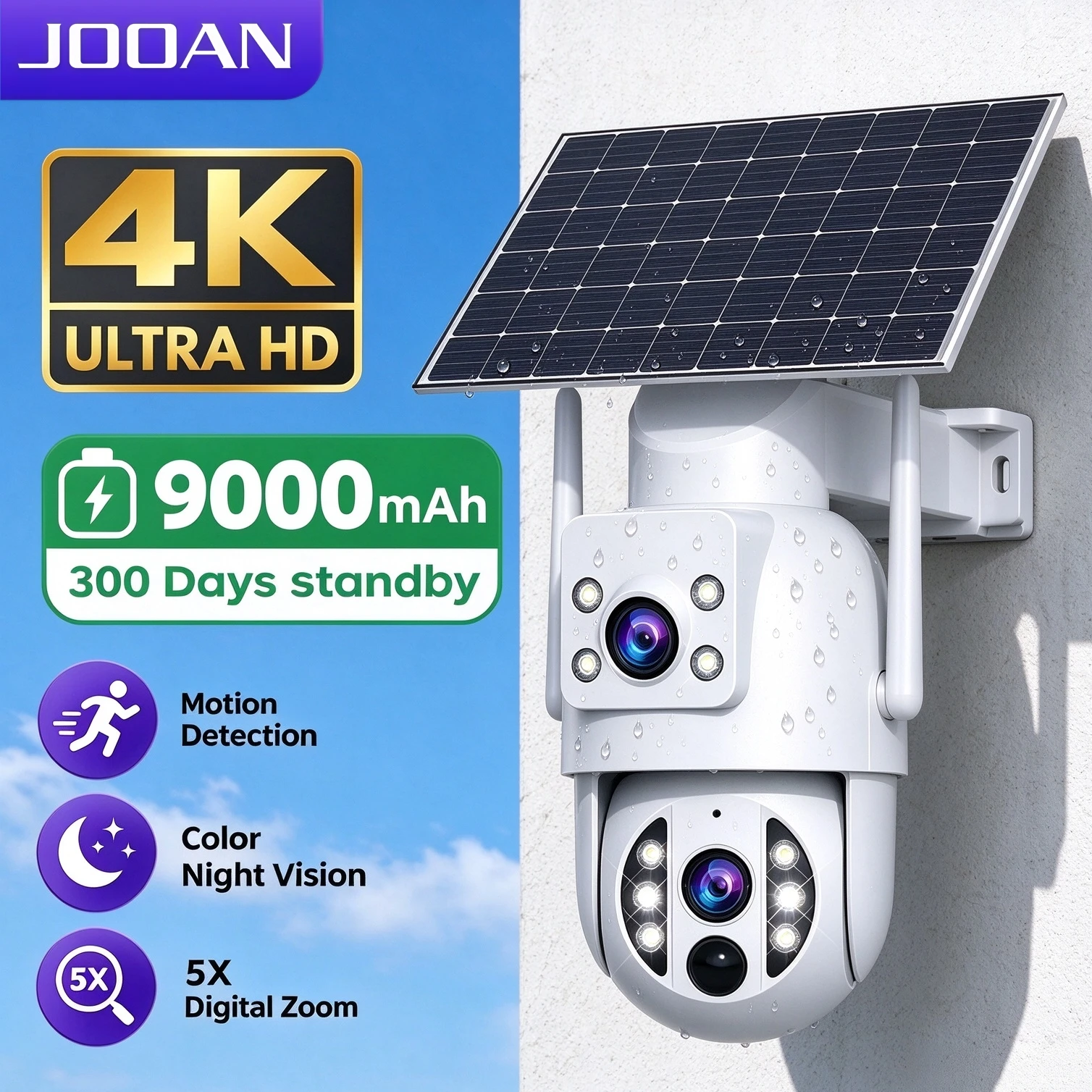 JOOAN 4K Outdoor Solar WiFi Camera Dual Lens Motion Detection Night Vision Low Power Battery IP Camera CCTV Security Protection