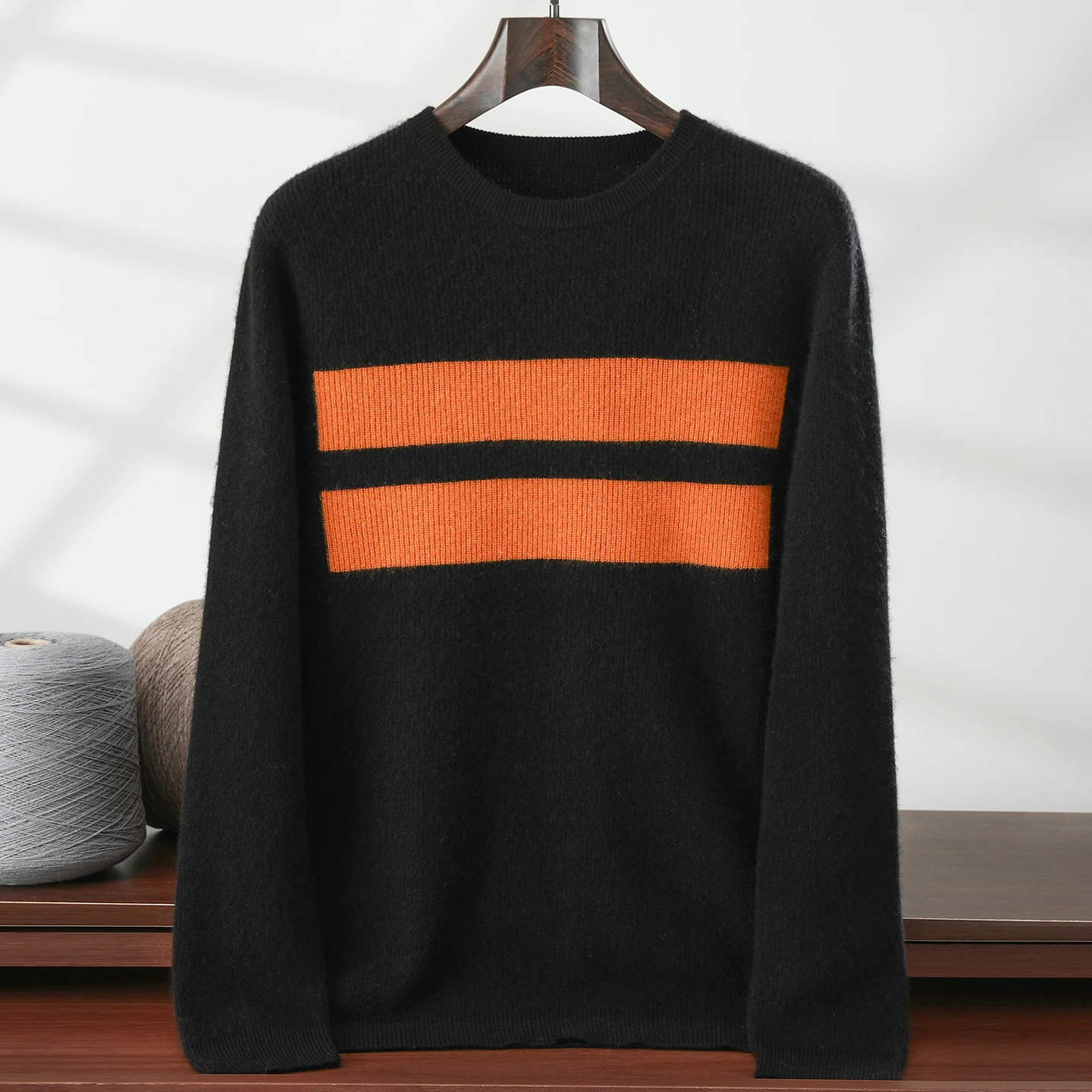 

Trendy Men's 100% Pure Cashmere Pullover High Quality Striped Knitted Sweater Loose Round Neck Tops Thick Streetwear Pull Jumper