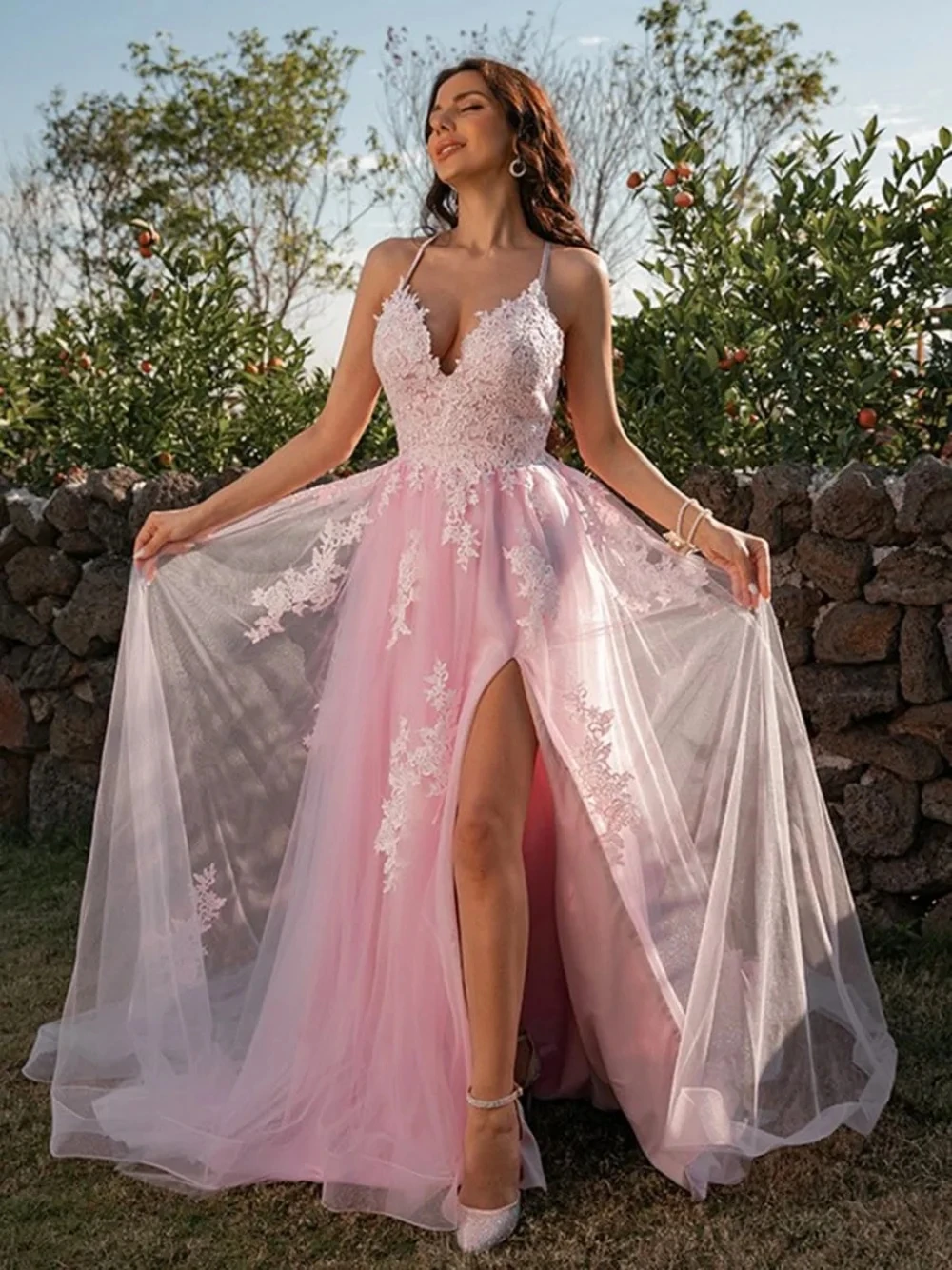 Customized Elegant Tulle V-Neck Straps Appliques Pink Side Split A-Line Evening Dresses For Women 2025 Prom Dresses Party Dress