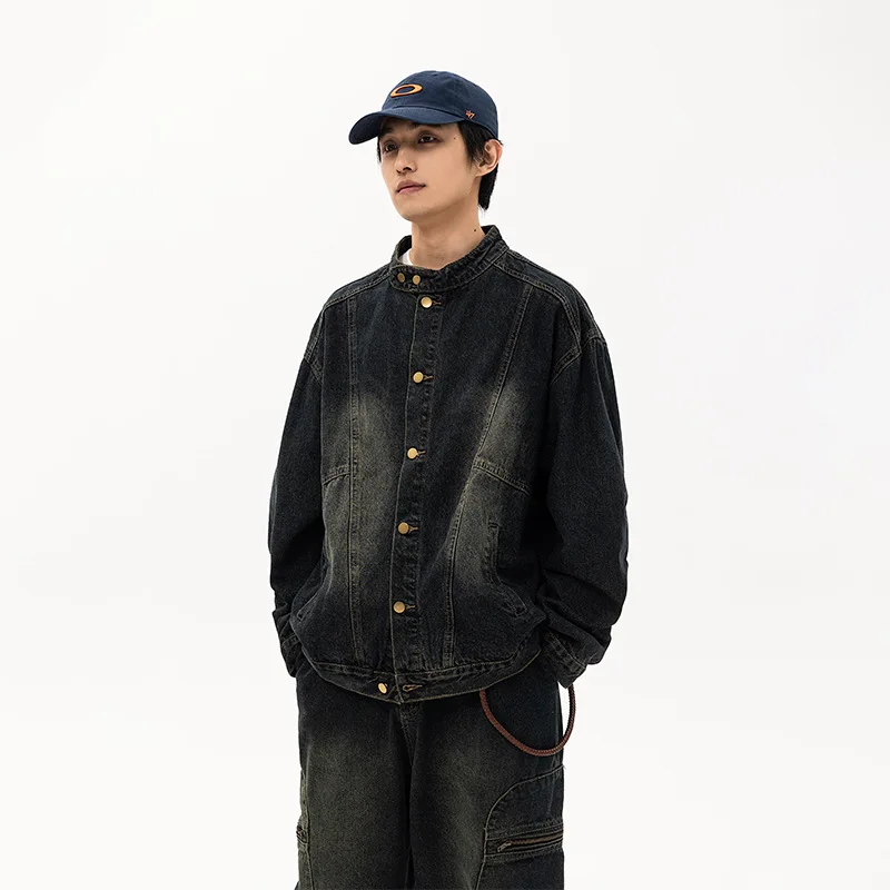 

Japanese Retro Washed Men's Denim Jacket, Stand Collar Mans Coat, Autumn Mans Utility Jacket