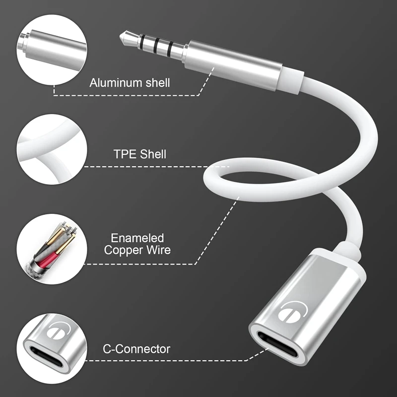 Kabel audio 3,5 mm męski na żeński typu C, analogowe gniazdo audio Adapter audio do słuchawek do odtwarzacza MP3, laptopa, tabletów